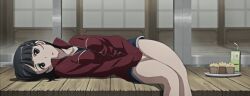1girl anime_screenshot between_legs black_eyes black_hair breasts collarbone food hand_between_legs hand_between_thighs hands_between_legs jacket juice_box looking_at_viewer lying muffin on_side open_mouth red_jacket short_hair shorts solo stitched sword_art_online thighs third-party_edit wooden_floor
