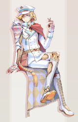 1boy absurdres aiguillette alternate_costume animal_on_finger argyle_cape argyle_clothes arm_support armor asymmetrical_clothes belt_pouch blonde_hair boots braid brown_background buttons cape chest_jewel closed_mouth collared_jacket colored_shoe_soles conch crab crab_in_orange_(the_tale_of_food) crossed_legs cyborg double-breasted drop_shadow earrings expressionless fold-over_boots full_body gold_belt hat highres invisible_chair jacket jewelry joints kuroiroichigo lapels long_hair long_sleeves looking_to_the_side male_focus mechanical_arms mechanical_legs military_hat military_uniform pants parted_bangs pauldrons peaked_cap pouch red_cape robot_ears robot_joints safety_glasses scales seashell shell shirt shoulder_armor side_cape single_boot single_braid single_pantsleg single_pauldron single_sleeve sitting sleeve_cuffs solo tassel the_tale_of_food two-sided_cape two-sided_fabric very_long_hair white_boots white_hat white_jacket white_pants white_shirt