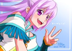 1boy dated english_text long_hair looking_at_viewer mxnanase open_mouth pandora_(zhandou_wang_zhi_jufeng_zhan_hun) pink_hair purple_eyes smile solo symbol-shaped_pupils trap v zhandou_wang_zhi_jufeng_zhan_hun