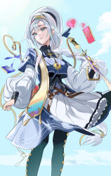 1girl absurdres aqua_eyes artmagia_finemelt blue_jacket braid braided_ponytail cropped_jacket dress duel_monster hairband hat highres jacket long_hair long_sleeves mizutaki single_braid solo very_long_hair white_dress white_hair white_hat yu-gi-oh!
