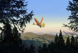 bird closed_mouth commentary_request day flying gen_2_pokemon highres ho-oh legendary_pokemon minahamu nintendo no_humans outdoors pokemon pokemon_(creature) sky solo talons tree