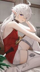 1girl alisaie_leveilleur blue_eyes boots breasts chilakkk earrings elezen elf final_fantasy final_fantasy_xiv hair_over_one_eye highres jewelry long_hair looking_at_viewer pointy_ears rapier shorts sitting small_breasts solo sword tagme thigh_boots weapon white_boots white_hair white_shorts