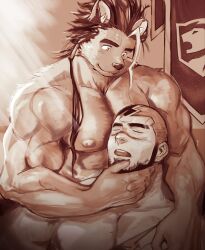 abs animal_ears another_eidos-r bad_id bad_twitter_id bara beard biceps closed_mouth facial_hair furry furry_male hand_on_another&#039;s_chest hand_on_another&#039;s_chin hellion_(another_eidos) highres kafka_(another_eidos) lion_boy lion_ears looking_at_another male_focus muscular muscular_male nipples open_mouth pectorals ponytail scar scar_on_face scar_on_nose sleeping smile suamaru topless_male yaoi