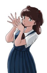beads blush brown_eyes brown_hair hands_up highres long_skirt maison_ikkoku parted_lips poppowerhearts sailor sailor_collar short_twintails simple_background skirt twintails white_background yagami_ibuki