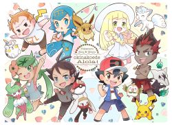 3girls 4boys :d ;d alolan_form alolan_marowak alolan_vulpix antenna_hair arm_up ash_ketchum black_hair blonde_hair blue_eyes blue_hair blue_pants blush braid brown_eyes brown_hair chibi clenched_hands commentary copyright_name creatures_(company) crossed_arms dark-skinned_male dark_skin dress eevee fishing_rod freckles game_freak gen_1_pokemon gen_7_pokemon gen_8_pokemon goh_(pokemon) green_eyes green_hair grey_eyes hair_between_eyes hands_up happy hat highres holding holding_fishing_rod holding_poke_ball hutao_(hutao94100883) kiawe_(pokemon) lana_(pokemon) lillie_(pokemon) long_hair mallow_(pokemon) multicolored_hair multiple_boys multiple_girls nintendo one_eye_closed open_mouth orange_hair pants pikachu poke_ball poke_ball_(basic) pokemon pokemon_(anime) pokemon_(creature) pokemon_journeys pokemon_sm_(anime) raboot red_hair rowlet shirt short_hair short_sleeves smile sophocles_(pokemon) sun_hat teeth togedemaru tongue tsareena twin_braids twintails two-tone_hair white_headwear white_shirt