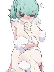 1girl aqua_hair bath_stool biting_own_finger blush breasts brown_eyes collarbone commentary completely_nude flying_sweatdrops highres kimi_no_koto_ga_dai_dai_dai_dai_daisuki_na_100-nin_no_kanojo large_breasts long_hair nemui_nemu nose_blush nude pizzayanopunch simple_background sitting soap_bubbles solo stool white_background
