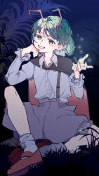 1girl antennae black_cape blue_sky blush buttons cape collared_shirt commentary_request flat_chest full_body green_eyes green_hair grey_shirt grey_socks grin hand_on_own_cheek hand_on_own_face highres long_sleeves looking_at_viewer mary_janes night nu2_(nunonijou) outdoors plant purple_shorts red_cape red_shoes shirt shoes short_hair shorts sky smile socks solo touhou two-sided_cape two-sided_fabric wriggle_nightbug
