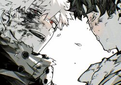 2boys bakugou_katsuki blood blood_on_face boku_no_hero_academia bruise commentary_request crying crying_with_eyes_open debris greyscale highres injury kunyamon_busy looking_at_another male_focus midoriya_izuku monochrome multiple_boys open_mouth orange_eyes short_hair spiked_hair spot_color streaming_tears superhero_costume tears teeth torn_clothes upper_body upper_teeth_only white_background