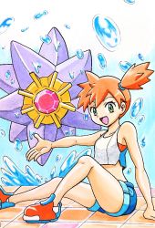 1girl asymmetrical_hair bare_shoulders blush breasts denim denim_shorts gen_1_pokemon green_eyes gym_leader legs looking_at_viewer misty_(pokemon) navel nintendo open_mouth orange_hair pokemon pokemon_(creature) pokemon_lgpe ponytail shirt short_hair short_shorts shorts side_ponytail smile speedy_(pkh) starmie white_shirt