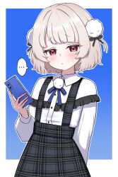 ... 1girl absurdres blush cellphone hair_ornament highres holding holding_phone long_sleeves o_henji_madakana_ojisan_koubun_(voisona) phone pom_pom_(clothes) pom_pom_hair_ornament red_eyes shirt short_hair skirt solo ui_(voisona) virtual_youtuber white_shirt zing_(z_z_zing)