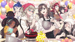 Rule 34 | area (arika), arika, balloon, blair dame, blue eyes, blue hair, brown eyes, brown hair, character request, chocolate, cooking, fighting ex layer, hair ornament, happy valentine, highres, hokuto (arika), jewelry, long hair, multiple girls, nanase (arika), open mouth, pullum purna, ring, sanane, sharon (arika), shirase (arika), short hair, smile, street fighter, street fighter ex (series), v, x hair ornament