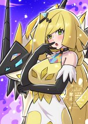 1girl absurdres backsine black_gloves blonde_hair blush dress elbow_gloves gloves green_eyes highres long_hair lusamine_(pokemon) nintendo off_shoulder pokemon pokemon_(creature) pokemon_masters_ex solo very_long_hair yellow_dress