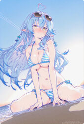 1girl ahoge beach between_legs bikini blue_hair blue_sky blush breasts cleavage colored_tips ear_blush elf half_updo hand_between_legs heart heart_ahoge hololive looking_at_viewer multicolored_hair nekonui pointy_ears sitting sky solo streaked_hair string_bikini striped_bikini striped_clothes sunglasses sunlight swimsuit virtual_youtuber wariza yellow_eyes yukihana_lamy