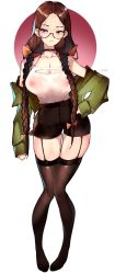 Rule 34 | 1girl, artist name, bad id, bad pixiv id, bare shoulders, braid, breasts, brown hair, choker, collarbone, commentary, earrings, female focus, glasses, hair ornament, hairclip, highres, jacket, jewelry, jitome, large breasts, long hair, looking at viewer, nipples, original, red eyes, roropull, see-through clothes, signature, simple background, skirt, solo, thighs, twin braids, white background