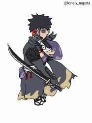 1boy absurdres black_hair highres holding holding_sword holding_weapon katana naruto naruto_(series) naruto_mobile:_the_wandering_savior rinnegan ronin_obito scar scar_on_face short_hair solo sword uchiha_obito weapon