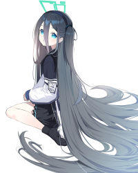 1girl absurdly_long_hair aqua_halo aris_(blue_archive) black_footwear black_hairband black_skirt blue_archive blue_eyes blush deatheach grey_hair hair_between_eyes hair_spread_out hairband halo head_tilt highres jacket long_hair long_hair_between_eyes long_sleeves looking_at_viewer one_side_up pleated_skirt rectangular_halo simple_background sitting skirt smile socks solo striped_clothes striped_socks very_long_hair white_background