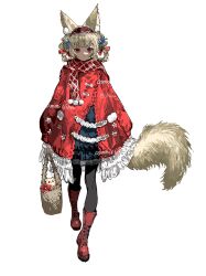 1girl absurdres animal_ear_fluff animal_ears basket black_dress black_pantyhose blonde_hair blue_flower boots bow braid braided_hair_rings chinese_commentary closed_mouth coat coat_bow collar commentary_request commission dress expressionless flower fox_ears fox_girl fox_tail frilled_collar frills full_body hair_bow hair_flower hair_ornament hair_rings hairband highres holding holding_basket lace lace-trimmed_dress lace-trimmed_sleeves lace-up_boots lace_trim lolita_hairband long_sleeves medium_hair original pantyhose pom_pom_(clothes) red_boots red_bow red_coat red_eyes simple_background solo tail vihua6 watermark white_background white_bow white_flower
