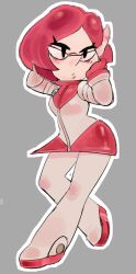 Rule 34 | 1girl, arm behind head, arms up, big nose, black eyes, blush, boots, breasts, brittany (pikmin), dress, eyelashes, full body, glasses, gloves, hand on own cheek, hand on own face, highres, jub (jublee art), knee up, koppad, lips, long pointy ears, looking at viewer, nintendo, parted lips, pikmin (series), pikmin 3, pink gloves, pink hair, platform boots, platform footwear, pointy ears, pointy nose, short dress, short hair, skirt, solid oval eyes, spacesuit, thigh boots, triangular eyewear, white footwear, zipper