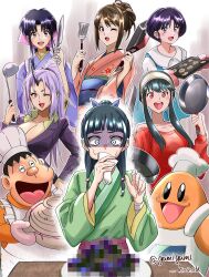 1boy 6+girls apron arched_bangs artist_name bandaged_arm bandaged_fingers bandages bare_shoulders black_hair black_horns blue_bow blue_dress blue_eyes blue_hair blue_sash blush bow breasts brown_eyes brown_hair censored censored_food chef_hat chef_kawasaki chinese_clothes cleavage collared_dress commentary cooking_pot covering_own_mouth cracker crossover curtained_hair doraemon dress floral_print floral_print_kimono food formal_clothes freckles frilled_apron frills frying_pan gamigami_maou_(artist) gintama gouda_takeshi green_hanfu hair_bobbles hair_bow hair_bun hair_ornament hair_over_shoulder hairband hand_up handkerchief hands_up hanfu hat high_ponytail highres holding holding_cooking_pot holding_frying_pan holding_handkerchief holding_knife holding_ladle holding_spatula holding_tray horns horrified huge_breasts japanese_clothes kamiya_kaoru kimono kirby_(series) kitchen_knife knife kusuriya_no_hitorigoto ladle large_breasts long_hair long_sidelocks looking_at_food looking_at_viewer makiyakinabe maomao_(kusuriya_no_hitorigoto) multiple_girls nintendo obi obiage off-shoulder_shirt off_shoulder one_eye_closed oni open_mouth orange_shirt outline oven_mitts pink_bow pink_eyes pink_kimono plate poison ponytail print_kimono purple_eyes purple_hair purple_kimono purple_suit ranma_1/2 red_eyes red_shirt rurouni_kenshin sash shimura_tae shion_(tensura) shirt short_hair sidelocks single_horn smile spatula spy_x_family standing suit sweat swept_bangs table tendou_akane tensei_shitara_slime_datta_ken toque_blanche trait_connection tray triangle_mouth turn_pale twitter_username two-tone_dress white_apron white_dress white_hat white_outline wide-eyed wide_sleeves yor_briar