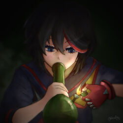 1girl absurdres black_hair blue_eyes bong drugs fingerless_gloves fire gloves highres holding holding_bong holding_lighter kanpaithighs kill_la_kill lighter matoi_ryuuko multicolored_hair red_gloves red_hair single_glove smoking solo two-tone_hair