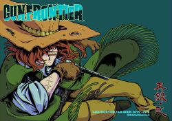 1970s_(style) 1boy 2014 2016 angry battle belt brown_eyes brown_hair bullet_hole cloak commentary_request cowboy_hat cowboy_western dated english_text gloves gun gun_frontier_(western) handgun harlock hat holster hood jumping matsumoto_leiji_(style) momonashien multiple_scars oldschool retro_artstyle revolver scar scar_on_face serious signature title torn_clothes vest weapon