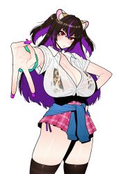1girl absurdres alternate_costume amesuku_gyaru animal_ear_fluff animal_ears animal_print bikini black_hair black_thighhighs breasts cardigan cardigan_around_waist choker cleavage clothes_around_waist collared_shirt colored_inner_hair dc_(makezzal) gyaru gyaru_v highres kogal kunoichi_shiden large_breasts last_origin leopard_print looking_at_viewer miniskirt multicolored_hair nail_polish panties purple_hair red_eyes scrunchie see-through_clothes shirt side-tie_panties skirt solo solo_focus swimsuit thighhighs tiger_ears tiger_girl two-tone_hair two_side_up underwear v white_background wrist_scrunchie