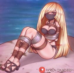 1girl arms_behind_back bdsm bondage bound breast_bondage cloth_gag creatures_(company) crotch_rope female_focus gag gagged game_freak highres improvised_gag lusamine_(pokemon) negi_(liquidu) nintendo pokemon pokemon_sm shibari solo