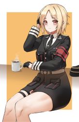 1girl armband black_gloves black_hat black_necktie blonde_hair breast_pocket brown_eyes coffee coffee_mug cup girls&#039;_frontline gloves hat highres long_sleeves looking_at_viewer military military_hat military_uniform mp40_(girls&#039;_frontline) mug necktie pocket short_hair sitting smile solo steam thigh_strap toryu_fufu wehrmacht