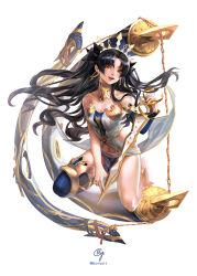 1girl anklet b.c.n.y. bare_shoulders barefoot black_hair blue_thighhighs breasts cleavage collarbone commentary_request crown detached_sleeves earrings fate/grand_order fate_(series) feet full_body gorget head_tilt heavenly_boat_maanna highres hip_vent hoop_earrings ishtar_(fate) jewelry kneeling lips long_hair navel parted_lips pelvic_curtain photoshop_(medium) red_eyes single_detached_sleeve single_thighhigh small_breasts smile solo thighhighs toes two_side_up very_long_hair weapon white_background