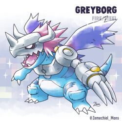 1990s_(style) alternate_color armor blue_skin breastplate character_name claws colored_skin cyborg digimon digimon_(creature) dinosaur english_text fake_horns fakemon helmet horned_helmet horns mechanical_arms metalgreymon metalgreymon_(virus) nintendo open_mouth parody pokemon pokemon_(creature) pokemon_rgby_(style) purple_wings red_hair retro_artstyle sharp_teeth shiny_pokemon short_hair single_mechanical_arm sparkle striped_skin style_parody sugimori_ken_(style) tail teeth tongue wings zemechiel_mons