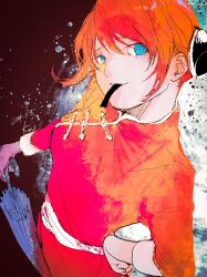 1girl belt blue_eyes blue_umbrella bun_cover chinese_clothes closed_umbrella commentary dated dress gintama hair_bun hand_on_own_hip highres holding holding_umbrella kagura_(gintama) long_sleeves looking_at_viewer mouth_hold orange_hair red_dress signature smile solo umbrella white_belt ykefmi