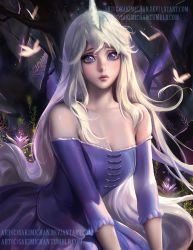 1girl artist_name bare_shoulders branch breasts bug butterfly cleavage dress female_focus flower forest horns insect lady_amalthea long_hair looking_at_viewer nature parted_lips personification purple_dress purple_eyes sakimichan single_horn solo strapless strapless_dress the_last_unicorn the_unicorn_(the_last_unicorn) upper_body very_long_hair watermark web_address white_hair