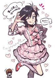 antenna_hair black_hair dress flower hagiwara_yukiho hair_ornament high_heels highres idolmaster idolmaster_(classic) kikuchi_makoto konnong looking_at_viewer microphone nico_nico_nii parted_bangs pink_dress pink_flower pink_ribbon pink_rose pink_shoes purple_eyes ribbon rose shoes simple_background socks speech_bubble tongue tongue_out white_background white_socks