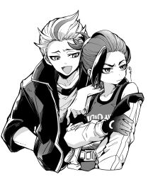 Rule 34 | 2boys, arm on another&#039;s shoulder, closed mouth, commentary request, cropped torso, drayton (pokemon), gloves, greyscale, hand in pocket, hand on own arm, highres, jacket, kieran (pokemon), long sleeves, male focus, monochrome, multicolored hair, multiple boys, nintendo, open clothes, open jacket, pokemon, pokemon sv, shirt, simple background, str nj424, tank top, upper body