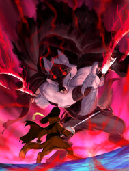 2boys animal_ears cat_boy cat_tail cloak colored_sclera commentary death_(puss_in_boots) english_commentary from_behind from_below furry furry_male grin hat_feather highres holding holding_sickle holding_sword holding_weapon hood hooded_cloak looking_at_another male_focus multiple_boys nviek5 puss_in_boots:_the_last_wish puss_in_boots_(shrek) rapier red_sclera shrek_(series) smile sword tail unfinished weapon wolf_boy wolf_ears wolf_tail