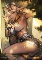 1girl animal_ears arm_strap arm_up armpits ass bare_shoulders blonde_hair breasts fur_trim genshin_impact genyaky green_eyes highres large_breasts long_hair looking_at_viewer nail_polish navel one_eye_closed open_mouth short_shorts shorts signature tail thighs xilonen_(genshin_impact)