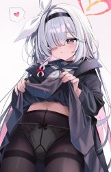 1girl black_hairband black_jacket black_pantyhose black_serafuku blue_archive chocola_vt clothes_lift grey_eyes grey_hair hairband halo highres jacket multicolored_hair navel neckerchief panties pantyhose pink_hair plana_(blue_archive) red_halo school_uniform serafuku skirt skirt_lift solo thighband_pantyhose thighs two-tone_hair underwear white_neckerchief white_panties