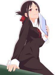 Rule 34 | 1girl, black dress, black hair, breasts, closed mouth, commentary, dress, folded ponytail, hand up, highres, holding, holding notebook, kaguya-sama wa kokurasetai ~tensai-tachi no renai zunousen~, maou (ajtdmw369), neck ribbon, notebook, red eyes, red ribbon, ribbon, school uniform, shinomiya kaguya, shuuchiin academy school uniform, simple background, sitting, small breasts, smile, solo, white background