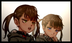 2girls as109 belt_collar bikini black_border blue_eyes blush border brown_hair closed_mouth coat collar comiket_95 gradient_background green_eyes hood hood_down long_hair maid maid_bikini mole mole_under_mouth multiple_girls open_mouth original revealing_clothes siblings smile swimsuit teeth twins twintails unconventional_maid upper_body