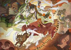 3d_glasses 6+girls an-an_lee ankle_bell bandaged_leg bandages barefoot black_hair braid cellphone chinese_clothes cloud coat creature dark-skinned_female dark_skin film_reel film_strip from_side full_body green_hanfu green_jacket hands_up hanfu hashibi_(noyasakihashibi) highres holding holding_megaphone holding_phone jacket jumping leg_up leg_wrap liang_yue_(reverse:1999) loggerhead_(reverse:1999) low_twin_braids mark_under_both_eyes mask mask_on_head medium_skirt megaphone movie_camera multiple_girls noire_(reverse:1999) object_head phone poitier_(reverse:1999) ponytail qi_xing_(reverse:1999) qiangliang_(reverse:1999) red_skirt reverse:1999 skirt solo_focus twin_braids upper_body watermark wide_sleeves yellow_coat yellow_eyes