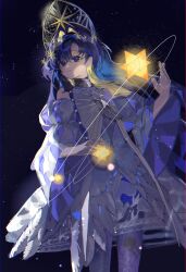 Rule 34 | 1girl, absurdres, bare shoulders, blonde hair, blue eyes, blue hair, clothing cutout, colored inner hair, cowboy shot, dress, grin, hair intakes, hair ornament, hand up, highres, juliet sleeves, kokoshnik, lace dress, long hair, long sleeves, looking at viewer, multicolored hair, pantyhose, print pantyhose, puffy sleeves, reverse:1999, short dress, shoulder cutout, smile, solo, star (sky), star (symbol), star hair ornament, starry sky background, starry sky print, stellated octahedron, terazuki, very long hair, voyager (choir of the stars) (reverse:1999), voyager (reverse:1999), white dress, wide sleeves