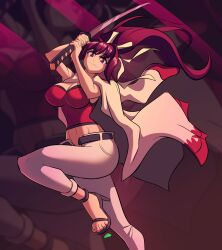 1girl breasts camisole capri_pants cleavage crop_top hair_intakes hair_ribbon highres jacket jacket_on_shoulders katana large_breasts long_hair looking_at_viewer midriff navel ootachi open_fly pants ponytail purple_hair red_eyes ribbon solo sword twisted4000 under_night_in-birth very_long_hair weapon white_ribbon yuzuriha_(under_night_in-birth)