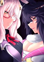 Rule 34 | 2girls, absurdres, ahoge, animal ears, asymmetrical docking, bandaid, bandaid on face, biwa hayahide (umamusume), black hair, blunt bangs, breast press, breasts, buttons, ear ornament, glasses, gold, grey hair, hair ornament, hairclip, highres, horse ears, horse girl, jacket, kouma (kumkouma), lips, long hair, multiple girls, narita brian (umamusume), neck ribbon, open mouth, ponytail, puffy sleeves, red-framed eyewear, red ribbon, ribbon, semi-rimless eyewear, siblings, sidelocks, sisters, smile, spade hair ornament, teeth, umamusume, under-rim eyewear, upper body, upper teeth only, very long hair