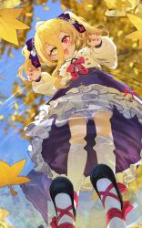 1girl autumn autumn_leaves bad_source blonde_hair blush bow child claw_pose cross dress fang frilled_dress frills goth_fashion hair_between_eyes heterochromia highres indie_virtual_youtuber kaofish kneehighs leaf long_bangs long_sleeves looking_at_viewer mary_janes nail_polish official_art open_mouth outdoors petticoat red_eyes red_nails reflection shoes smile socks twintails water yellow_eyes