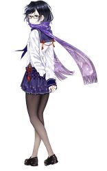 1girl black-framed_eyewear black_hair black_pantyhose black_shoes blue_sailor_collar floral_print floral_print_scarf floral_print_skirt full_body glasses highres long_sleeves looking_at_viewer official_art onsen_musume pantyhose pleated_skirt print_skirt purple_eyes purple_scarf purple_skirt sailor_collar saitou_(lynx-shrike) scarf shirt shoes simple_background skirt sleeves_past_wrists solo tassel toyako_nonno transparent_background white_shirt