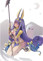 Rule 34 | &lt;o&gt; &lt;o&gt;, 1girl, ancient egyptian clothes, animal ears, blush, bracelet, breasts, commentary, dark-skinned female, dark skin, earrings, egyptian, facial mark, fate/grand order, fate (series), hairband, highres, holding, holding staff, hoop earrings, jackal ears, jewelry, kneeling, long hair, low-tied long hair, medium breasts, medjed (fate), multiple bracelets, nitocris (fate), pelvic curtain, platform footwear, platform heels, purple eyes, purple hair, staff, usekh collar, yakan (kusogaki teikoku)