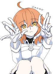 Rule 34 | absurdres, ahoge, chaldea logo, expressionless, fate/grand order, fate (series), fujimaru ritsuka (female), fujimaru ritsuka (female) (decisive battle chaldea uniform), gloves, high collar, highres, knees together feet apart, knees up, long sleeves, looking at hands, orange hair, white gloves, yasoni82, yellow eyes