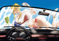 1girl bikini blonde_hair car feet highschool_of_the_dead keigi looking_at_viewer marikawa_shizuka motor_vehicle shirt smile soap solo sponge swimsuit toes washing_vehicle wet wet_clothes