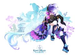 1girl absurdres black_boots blue_bow bonnet boots bow chepill commentary_request copyright_name dress floral_background footwear_bow full_body hair_over_one_eye highres hugging_doll hugging_object king&#039;s_raid knee_up lavril_(king&#039;s_raid) looking_at_viewer pantyhose platform_boots purple_eyes simple_background solo stuffed_animal stuffed_rabbit stuffed_toy white_pantyhose