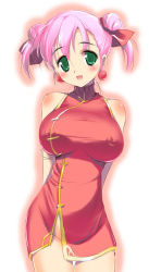 1990s_(style) 1girl arms_behind_back bare_shoulders blush breasts china_dress chinese_clothes cleavage covered_erect_nipples double_bun dress earrings female_focus final_fantasy final_fantasy_v green_eyes hair_bun happy hima jewelry large_breasts lenna_charlotte_tycoon monk monk_(final_fantasy) nipples no_panties pink_hair retro_artstyle short_hair smile solo source_request